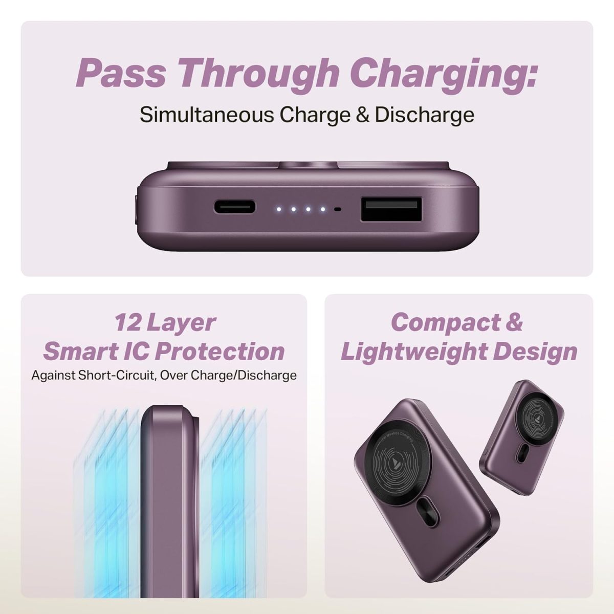 boAt New Launch EnergyShroom PB331 (Magsafe) 10000mAh Magnetic Wireless Powerbank, 15W Wireless & 22.5W Wired Charging for (iPhone 16,15,14,13 & 12, Android & Other Qi Enabled Devices) (Purple) - Image 6