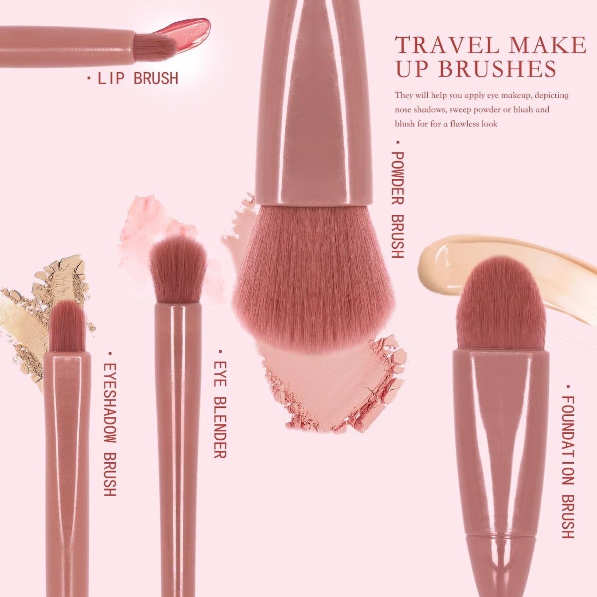 Kahan Travel Size Makeup Brushes Set Mini Makeup Brushes, Small Complete Function Cosmetic Brushes Kit with Case and Mirror Perfect for On The Go, 5PC (Mini Pink) - Image 2