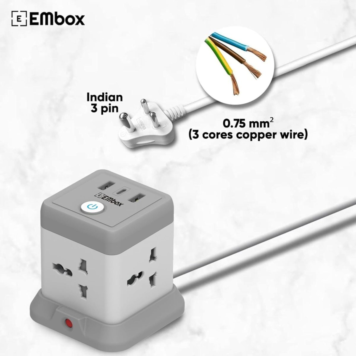 EMBOX Cube Extension Board with USB Port Universal Sockets and USB (2.4 A) (QC 3.0) Extension Board with Switches Overload Protector, Indicator, 2 Meter Extension Cord - Image 2