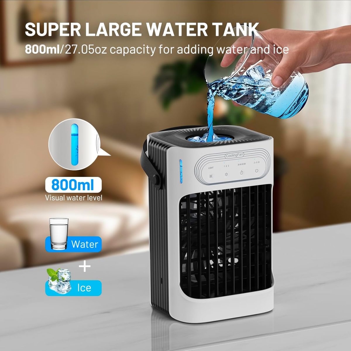 Portable Air Conditioners Cooling Fan, 3 in 1 Evaporative Air Cooler, Portable AC Unit with 3 Speeds, 3 Cool Mists, 4 Timers, 7 Color Lights, Personal Desktop Mini Cooling Fan for Room Camping Car - Image 4