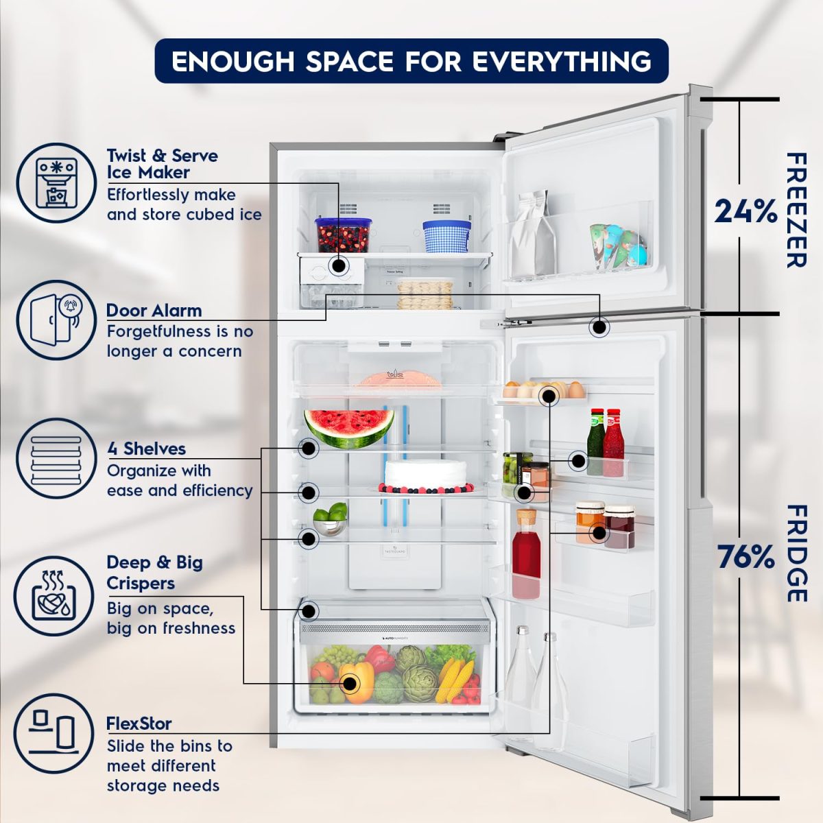 Electrolux 461L Frost Free Inverter Double Door Refrigerator, Top Freezer, TasteLockAuto & TasteGuard Technology, Arctic Silver Steel, UltimateTaste 500, ETB4600C-A - Image 3