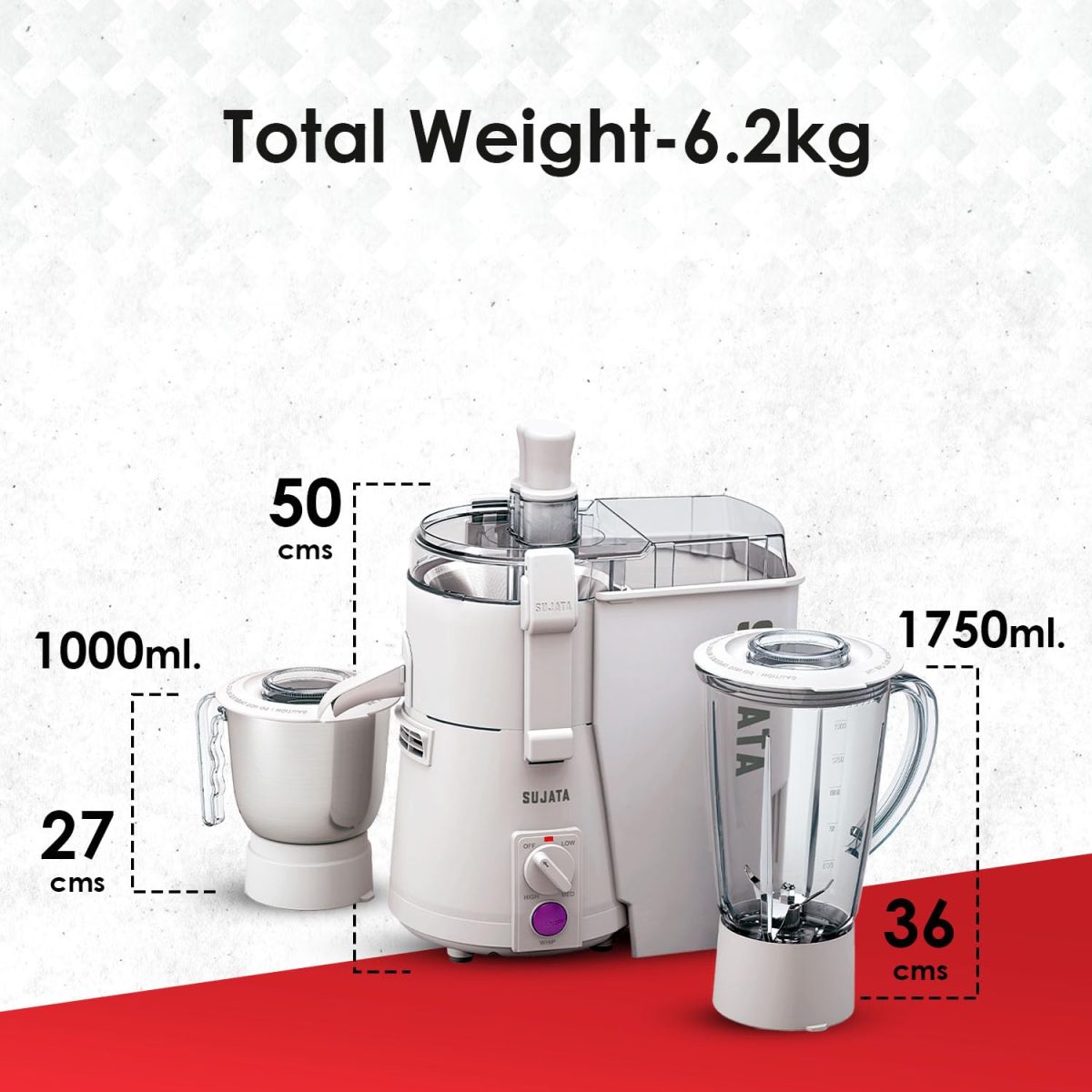 Sujata Powermatic Plus 900 Watts Juicer Mixer Grinder | 22000 Rotations Per Min | 90 Minutes Continuous Running | 2 Versatile Jars 1750 ml and 1000 ml - Image 5