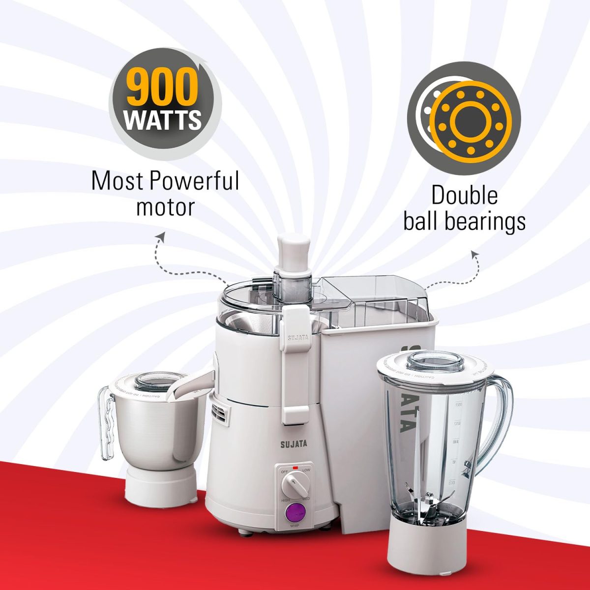 Sujata Powermatic Plus 900 Watts Juicer Mixer Grinder | 22000 Rotations Per Min | 90 Minutes Continuous Running | 2 Versatile Jars 1750 ml and 1000 ml - Image 2