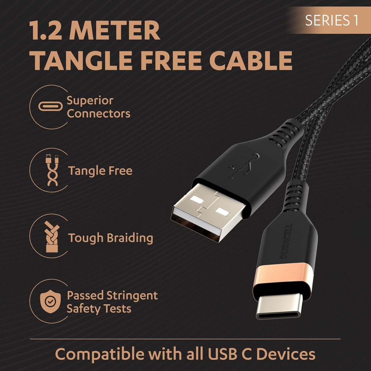 Duracell Usb-A To Type C, 65W Braided Sync&Fast Charging USB Cable, 3.9 Feet(1.2M), Qc 2.0/3.0 Ultra Fast Charging, For Samsung, Mi, Realme, Oppo, One Plus, Seamless Data Transmission, Series 1,Black - Image 5