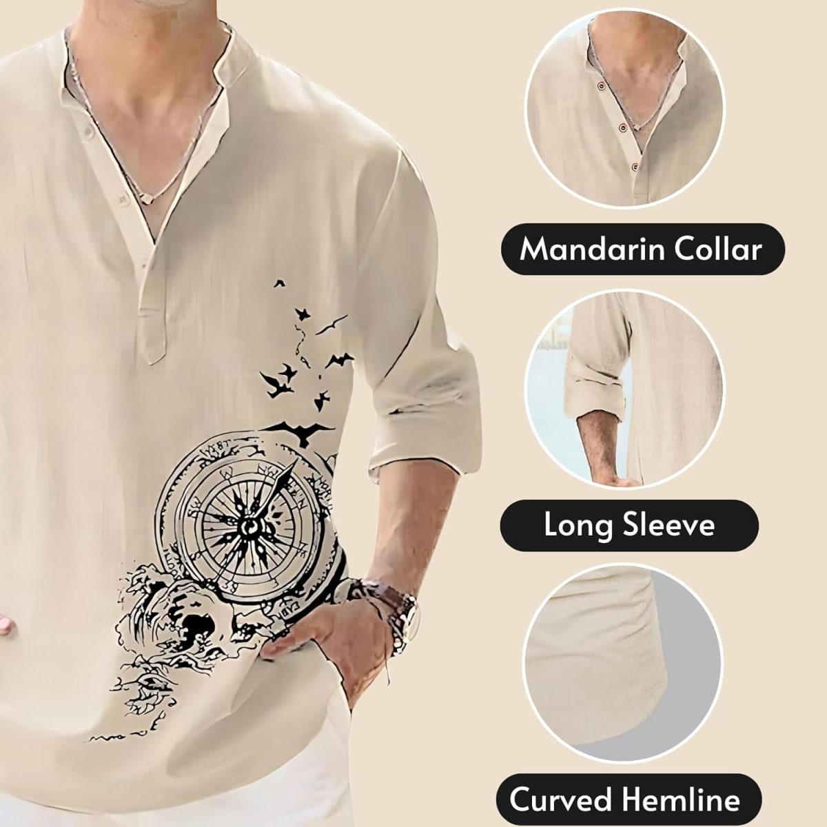 DEELMO Men's Cotton Blend Mandarin Collar Self One Design Full Sleeve Casual Short Kurta - Image 2