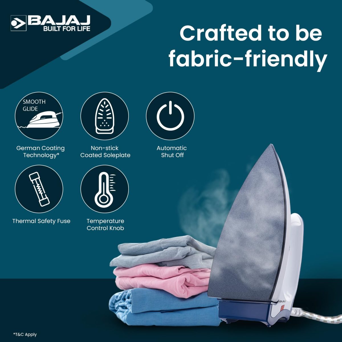Bajaj Stainless Steel Majesty DX-11 1000 Watts Dry Iron | Advance Soleplate And Anti-Bacterial German Coating Technology | Automatic Shut Off | Thermal Safety Fuse | 2-Yrs Warranty 【White & Blue】 - Image 3