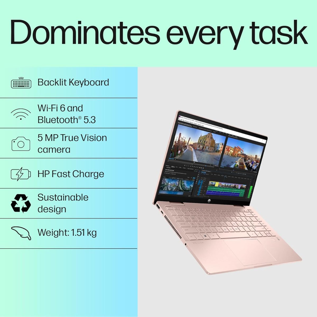 HP Pavilion x360, 13th Gen Intel Core i7-1355U (16GB DDR4, 512GB SSD), Touchscreen,IPS, 14''(35.6cm) FHD,Win 11, M365 Basic(1yr), Office Home 24, Rose gold,1.5kg,Iris Xe, Backlit, 5MP Camera, ek1152TU - Image 3