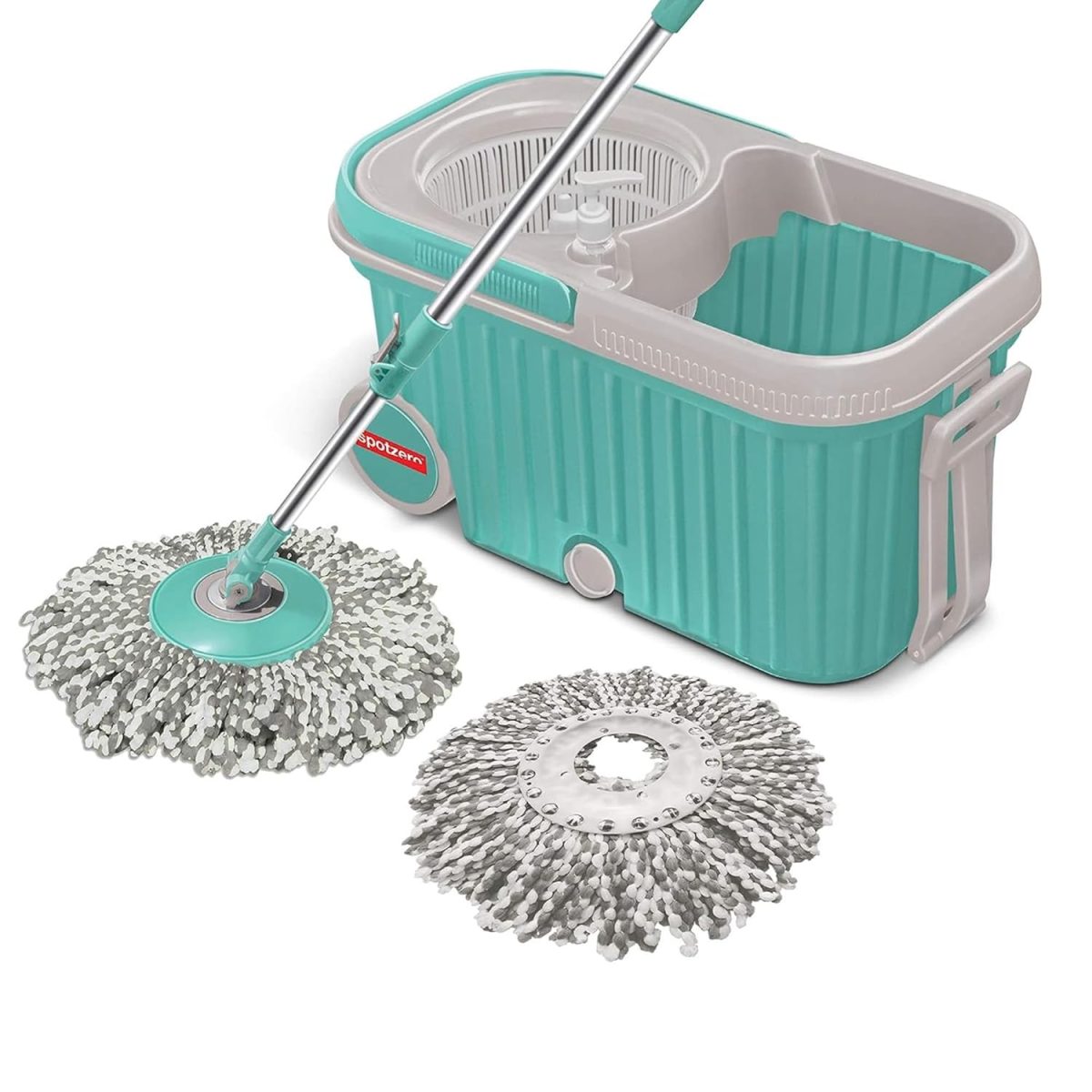 Spotzero by Milton Elite Spin Mop with Big Wheels, Puller Handle, Bucket Floor Cleaning and Mopping System 360° Flexible,2 Microfiber Refills, Big Size, Aqua Green - Image 2