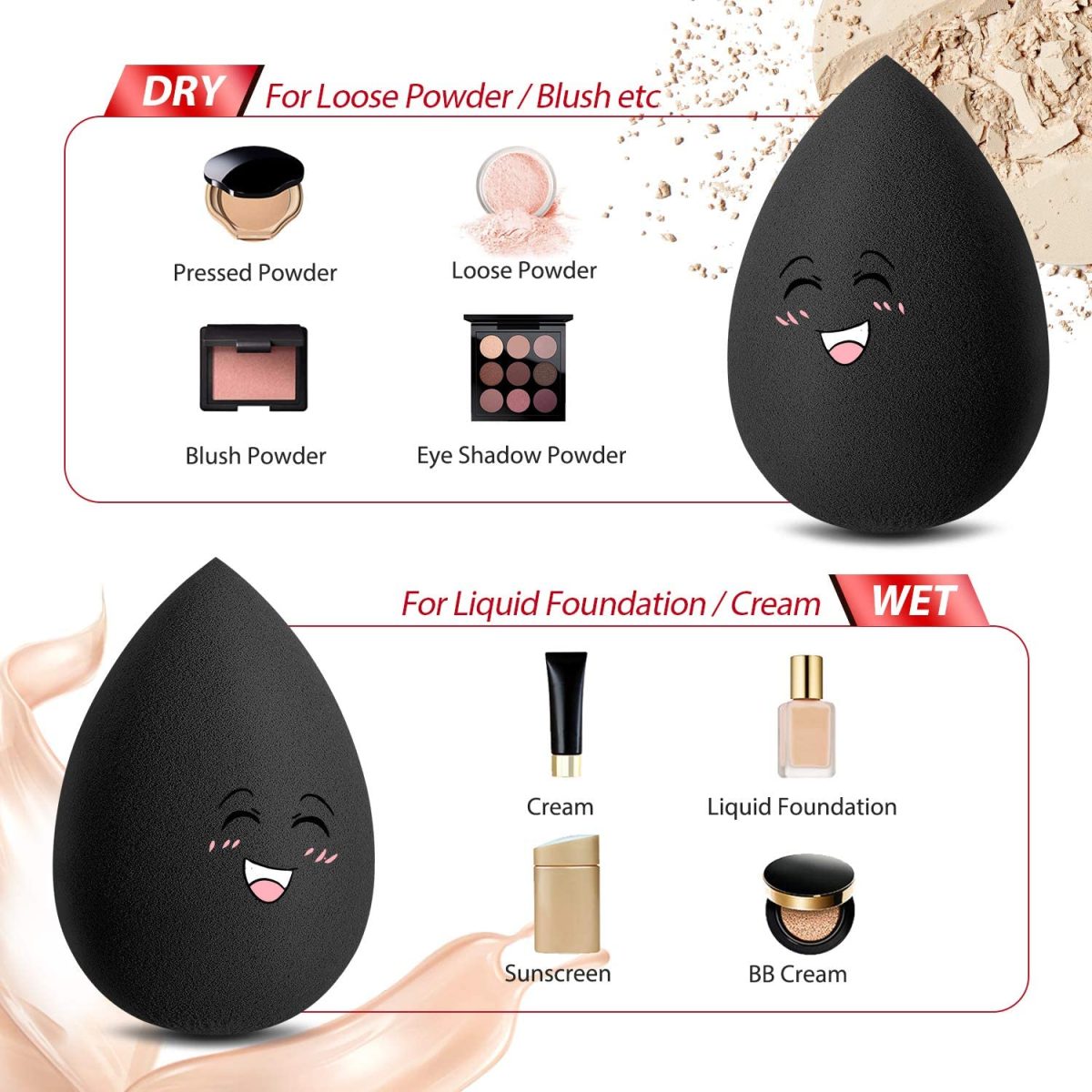 Larbois 3-Pack Beauty Blender Foundation Blending Egg Sponge, Professional Beauty Makeup Sponge Set for Dry & Wet Use (Black) - Image 3