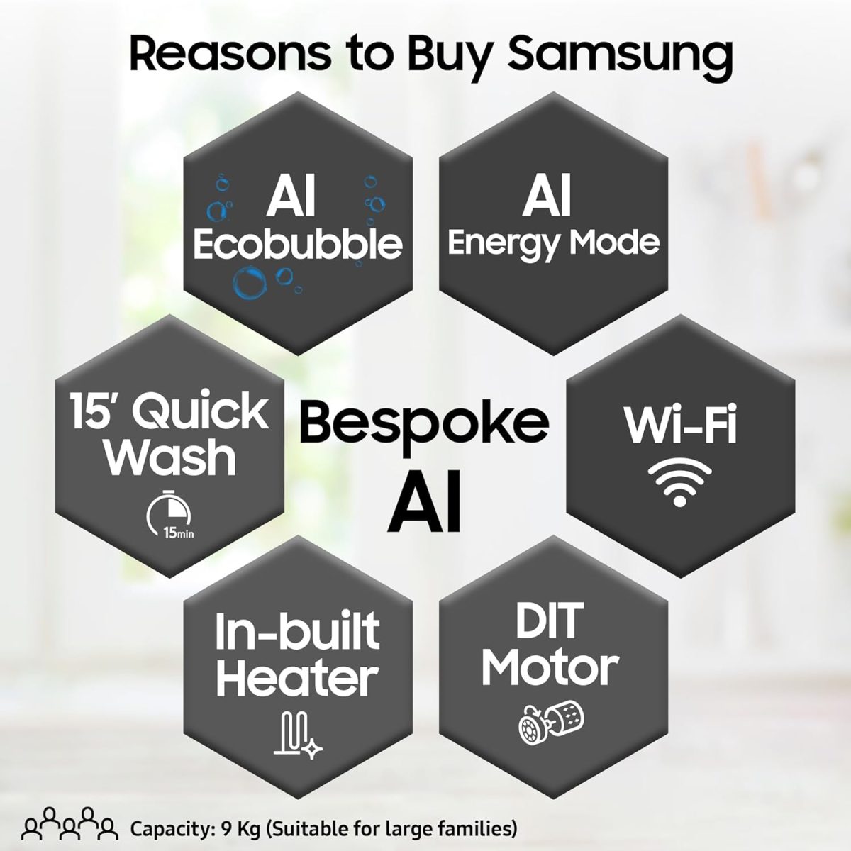 Samsung 9 kg, 5 star, AI EcoBubble, Super Speed, Wi-Fi, Hygiene Steam with Inbuilt Heater, Digital Inverter, Fully-Automatic Front Load Washing Machine (WW90DG5U24AXTL, Inox) - Image 2