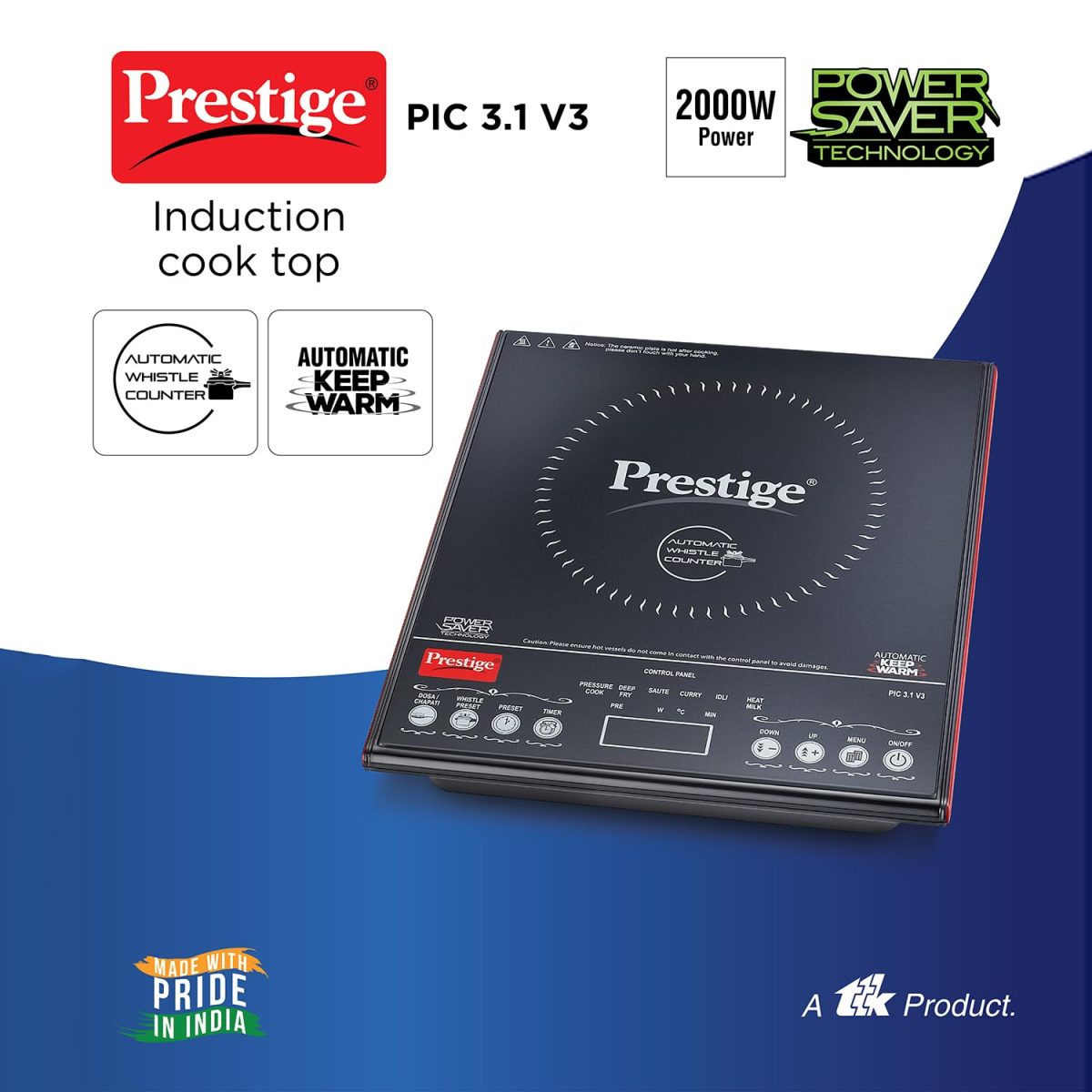 Prestige Iris Plus 1600 Watts Induction Cooktop with Automatic Voltage Regulator | Indian Menu Option |Anti-Magnetic Wall | Timer with User Pre-set | 1 Year Warranty | Black - Image 2