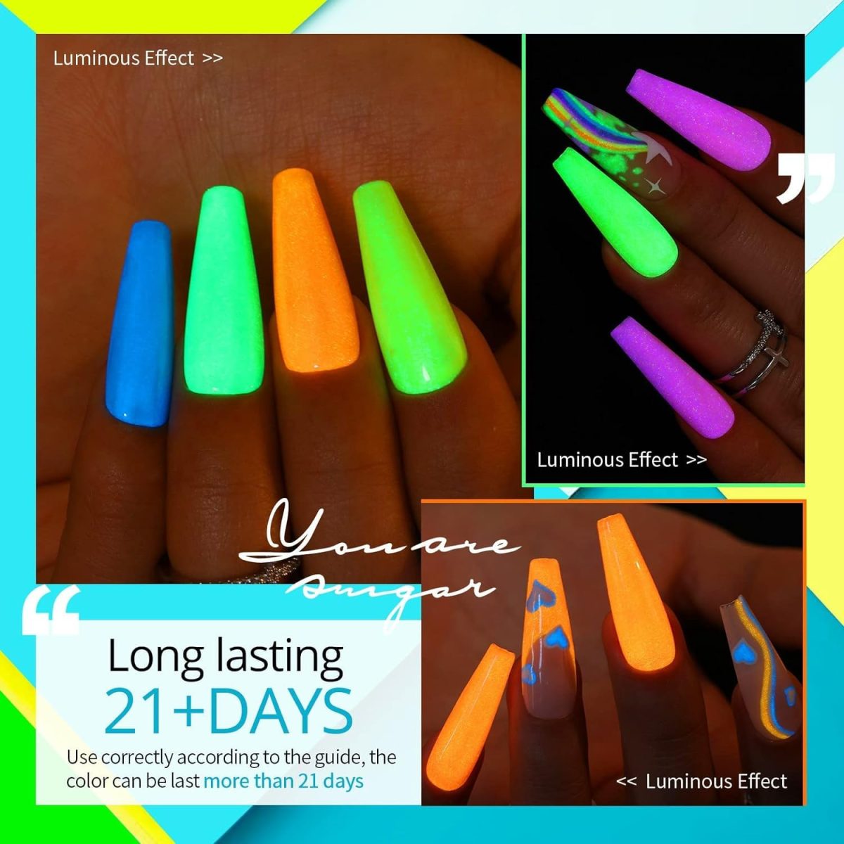 THR3E STROKES Gel Nail Polish Neon Gel Nail Polish Set Fluorescent Gel Polish Luminous Glow in Dark Gel Polish Orange Hot Pink Blue Yellow Green Purple Vibrant Spring Summer Gel Polish 7ML (UV/LED LIGHT REQUIRED) - Image 4