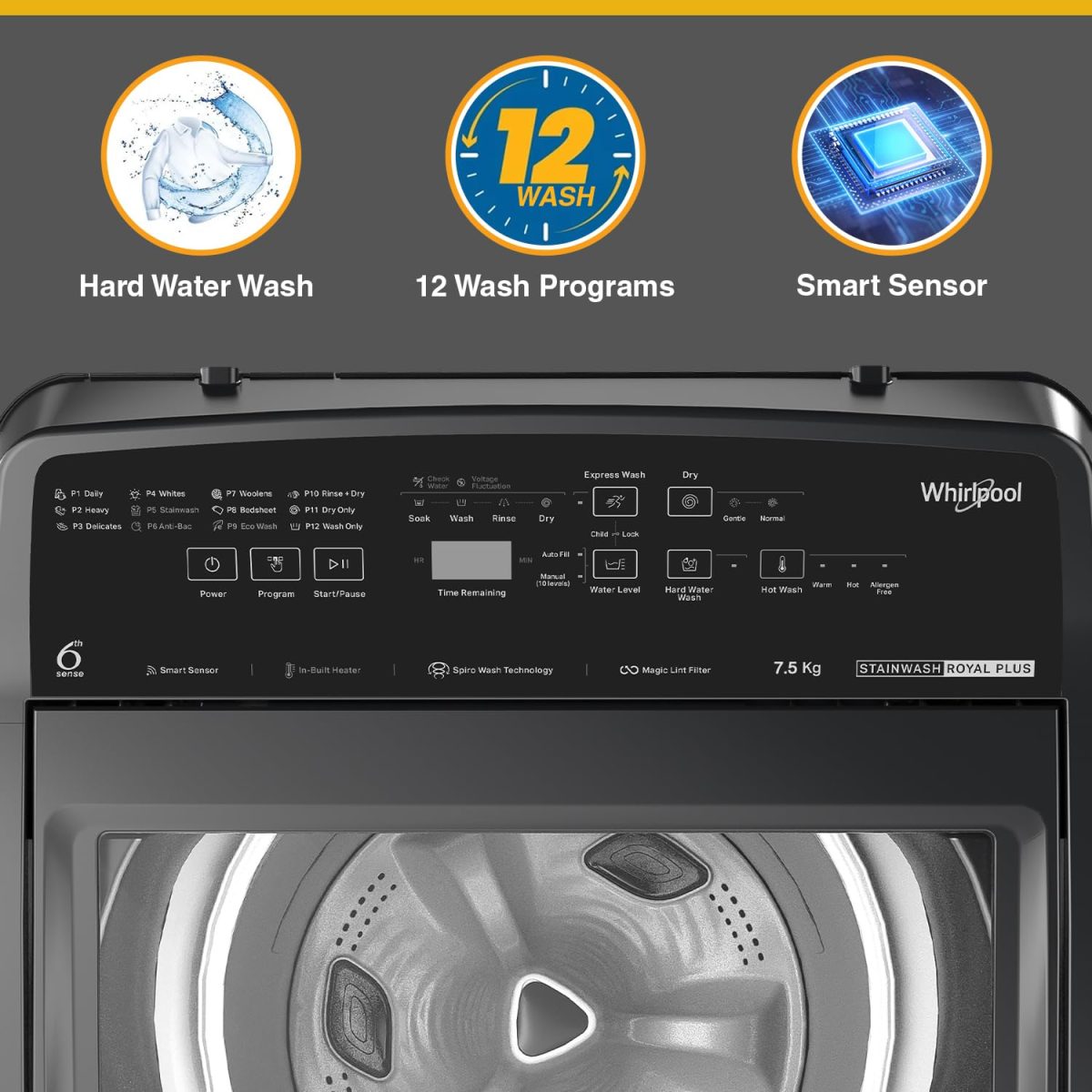 Whirlpool 7.5 Kg 5 Star StainWash Royal Plus Fully Automatic Top Load Washing Machine (SW ROYAL PLUS 7.5 (H) GREY 10YMW with In-Built Heater) - Image 6