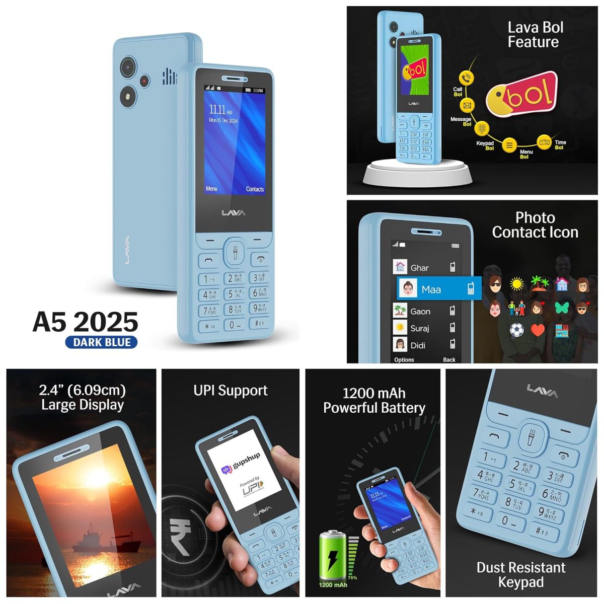 Lava A5 (2025) Dual SIM Keypad Mobile with 2.4'' Big Display | UPI Support, 1200mAh Battery | BOL Feature | Camera | Auto Call Recording | Glass Finish | and 7 Regional Languages - Blue - Image 3
