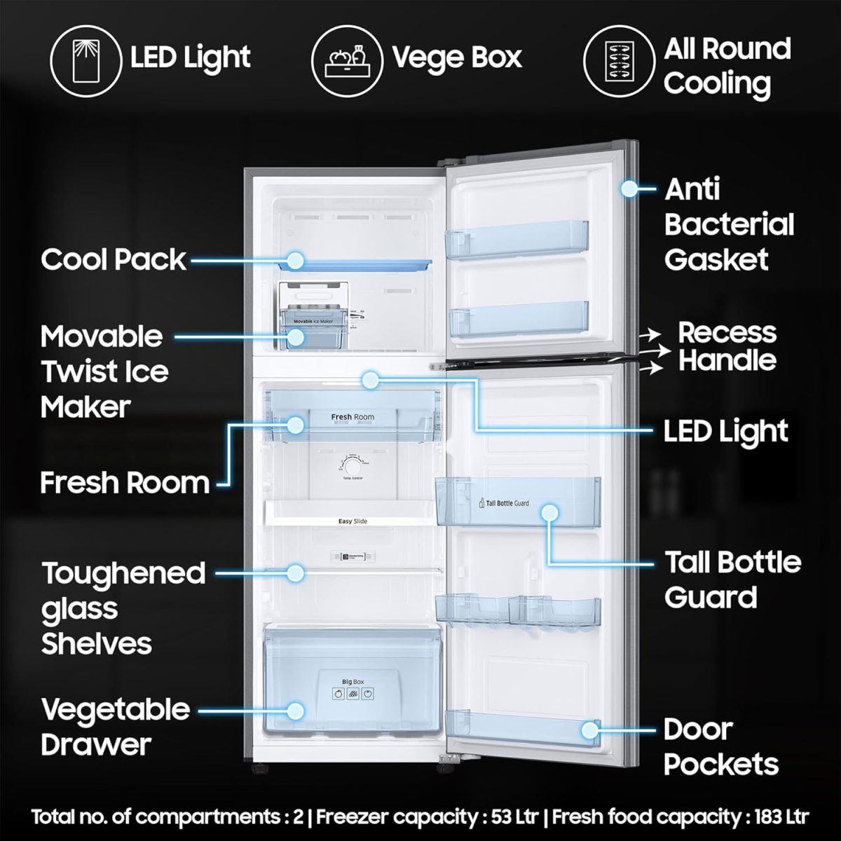 Samsung 236 L, 3 Star, Digital Inverter, Frost Free Double Door Refrigerator (RT28C3053S8/HL, Silver, Elegant Inox) - Image 3