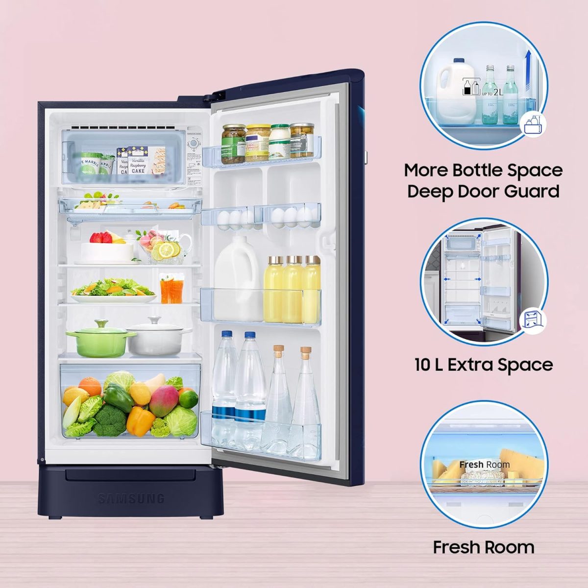 Samsung 189L 5 Star, Inverter, Direct-Cool Single Door Refrigerator (RR21C2H25UZ/HL,Midnight Blossom Blue) Base Stand Drawer - Image 3