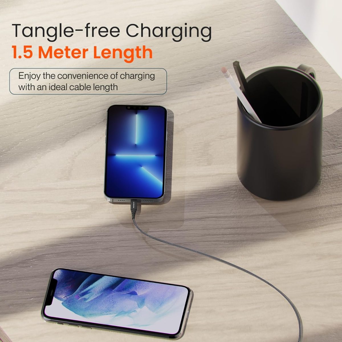 Ambrane USB to Lightning 3A Fast Charging Braided Cable Compatible for iPhone 14,13, 12,11, X, 8, 7, 6, 5, iPad, Macbook, iMac, AirPods, 480Mbps Data Sync, 1.5Meter Long (RCL -15, Black) - Image 5