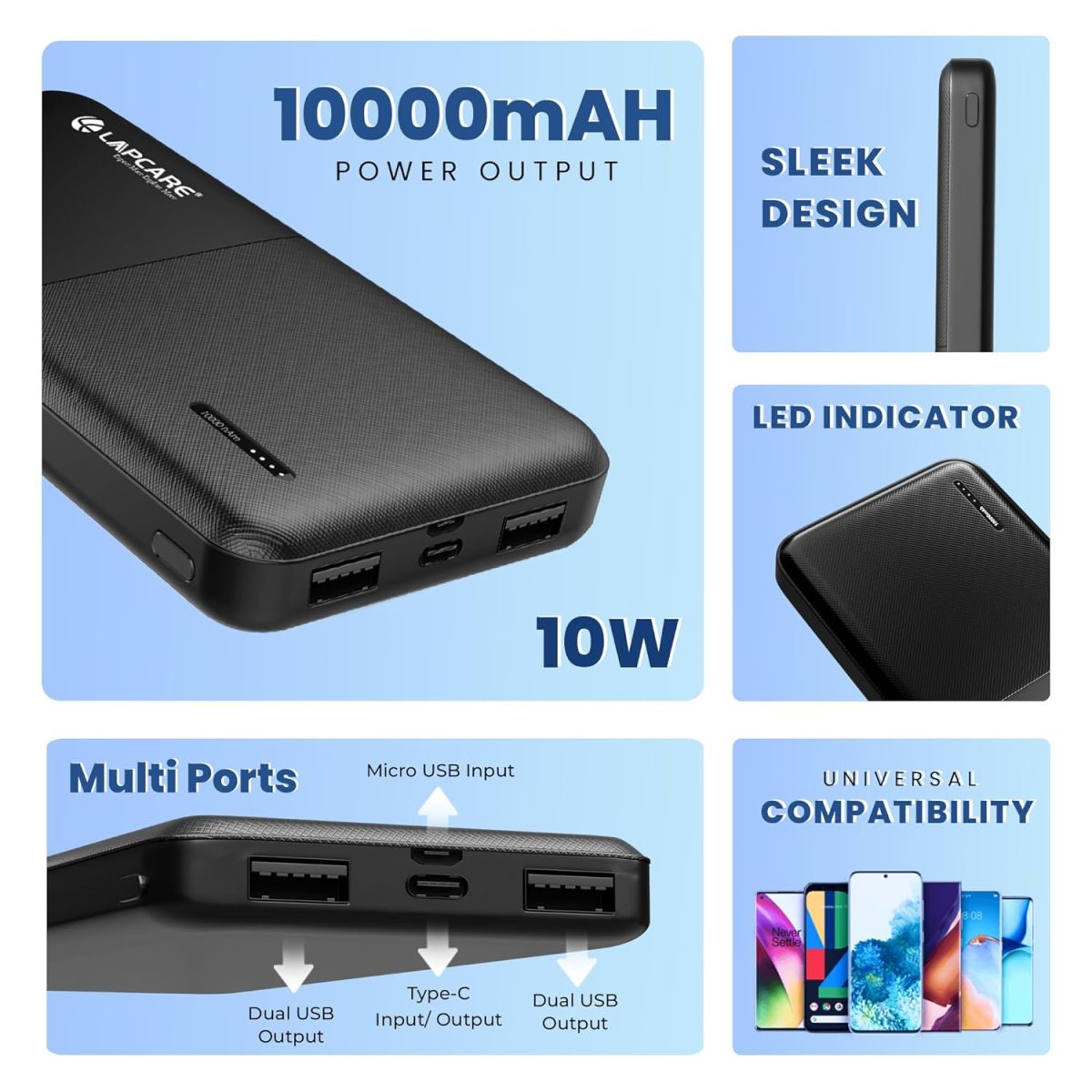 LAPCARE Smart Tank 10000Mah Fast Charging Power Bank | Dual USB Port | Led Indicator | Light Weight | Multi Protocol Support | Multi Circuit Protection | Compact & Slim Design | Made in India - Image 6