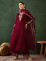 SheWill Women's Blue Embroidered V-Neck Cotton Blend Flared Hem Alia Cut Kurta with Trousers | Ethnic Festive & Occasion Wear Diwali Kurta Set - Image 2