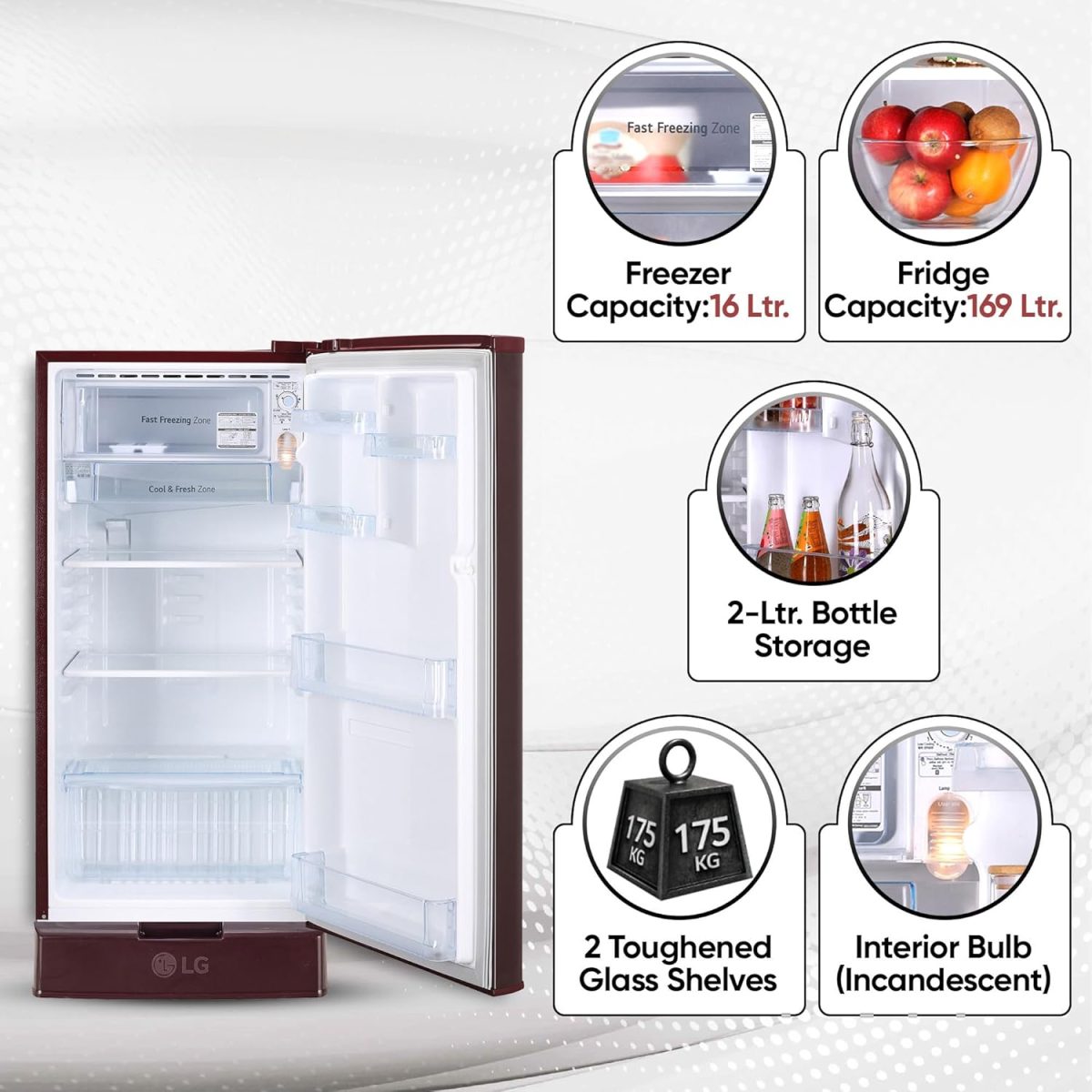 LG 185 L 4 Star Inverter Direct-Cool Single Door Refrigerator (GL-D199OSEY, Scarlet Euphoria, Base stand with drawer) - Image 3