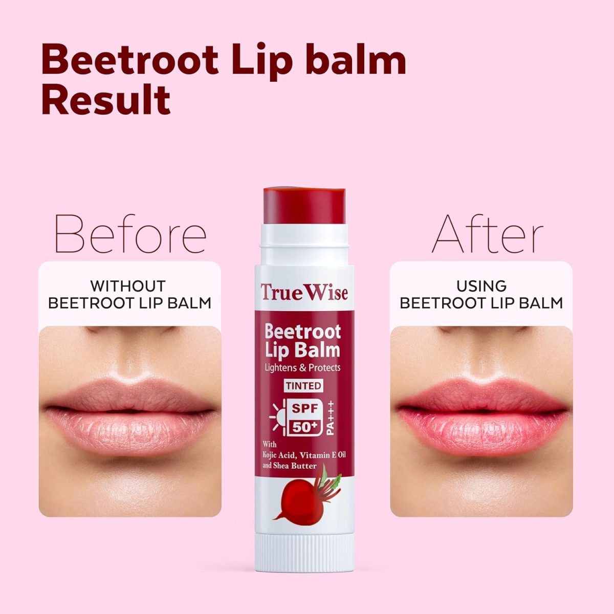 TrueWise® Tinted Lip Balm with SPF 50 PA+++ Brightening Beetroot Lip Balm For Dark Lips With Kojic Acid,Vitamin E, Soft, Glossy Lips- SPF lip balm for Women 5g - Image 3