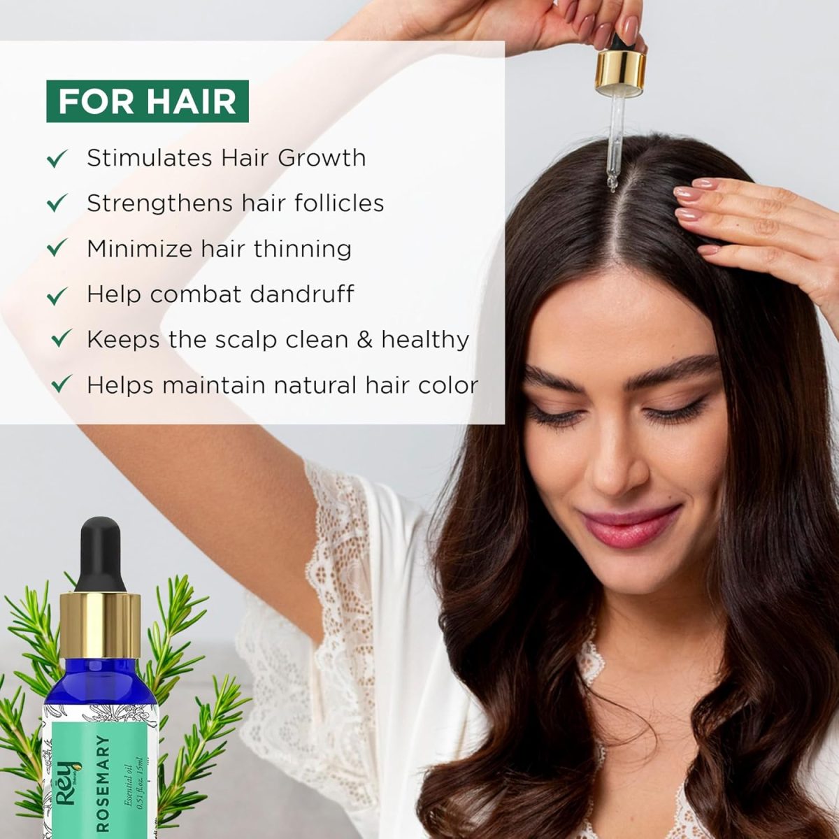 Rey Naturals Pure Rosemary Essential Oil For Hair Growth, Hairfall Control, Dandruff & Skin | Non Greasy Rosemary Oil for Skin, Body and Shiny Soft Hair | Hair Oil For Women & Men - 15ml - Image 3
