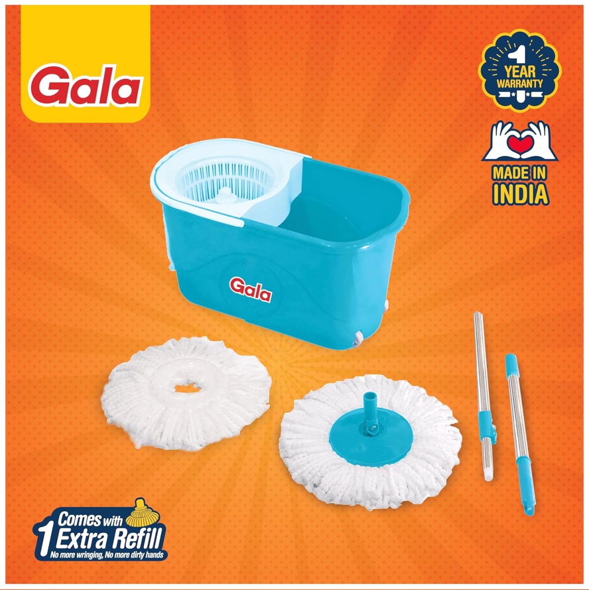 Gala e-Quick Spin Mop, Easy Wheels & Big Bucket with 2 Microfiber Refills, Floor Cleaning Mop with Bucket, pocha for floor cleaning, Mopping Set (white and blue) - Image 5