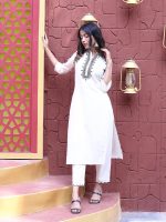 WineRed Women Off White cotton Embroidered Kurta and Pant Set - Image 2