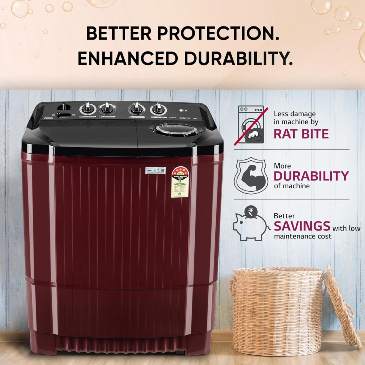LG 11.5 kg, 5 Star, Roller Jet Pulsator with Soak, Wind Jet Dry Technology, Semi-Automatic Top Load Washing Machine (2025 Model, P115ASDAZ, Smart Filter & Rat Away feature) - Image 6