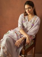 INDO ERA Women's Lavender Silk Blend Embroidered Straight Kurta And Pant With Dupatta Set - Image 2