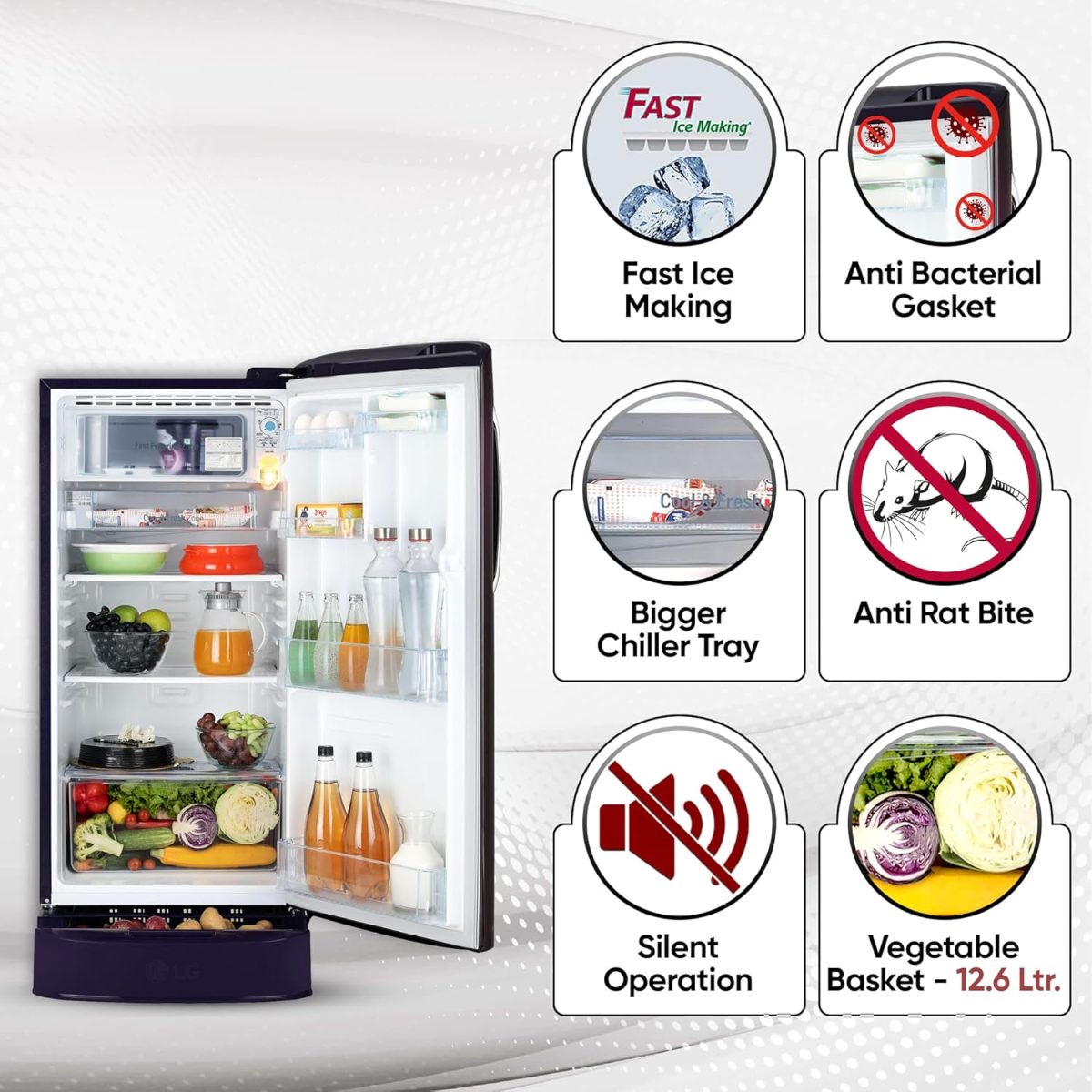 LG 185 L, 5 Star, Smart Inverter, Direct Cool Single Door Refrigerator (GL-D201APIU, Purple ILAN, Moist N Fresh, Auto Smart Connect & Base Stand Drawer) - Image 4