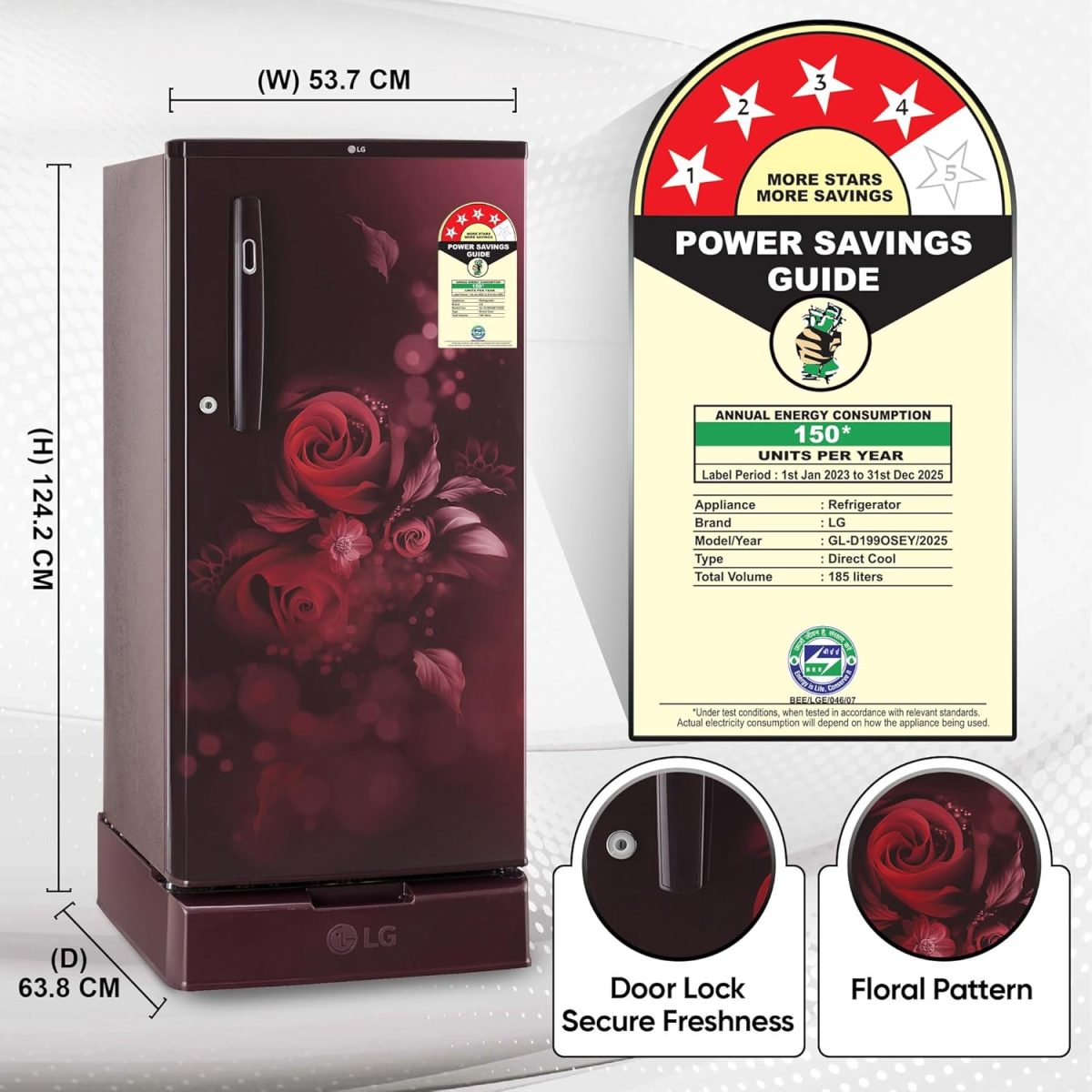 LG 185 L 4 Star Inverter Direct-Cool Single Door Refrigerator (GL-D199OSEY, Scarlet Euphoria, Base stand with drawer) - Image 5