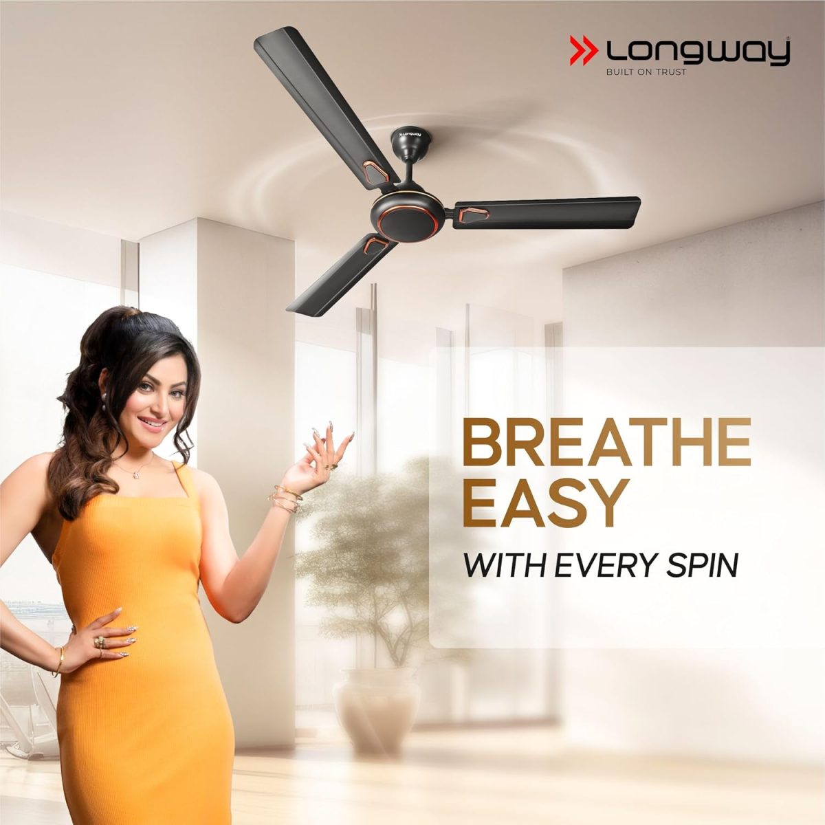 LONGWAY Kiger P1 1200 mm/48 inch Ultra High Speed 3 Blade Anti-Dust Decorative Star Rated Ceiling Fan (Smoked Brown, Pack of 1) - Image 2