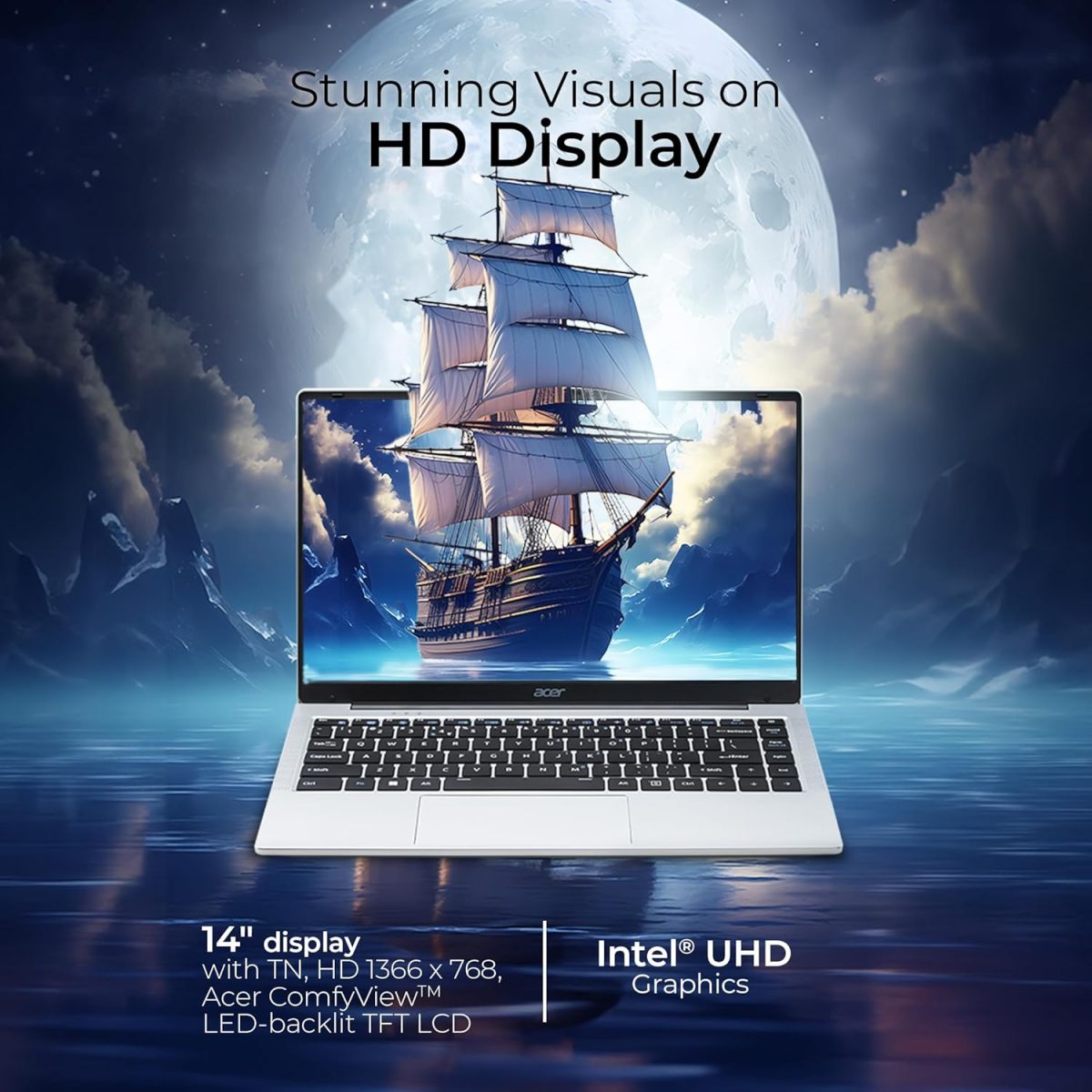 Acer Aspire 3, Intel Core Celeron N4500, 8GB LPDDR4X, 512GB SSD, HD, 14"/35.56cm, Windows 11 Home, Pure Silver, 1.3KG, A324-45, HD Webcam, 38 WHR Laptop - Image 3