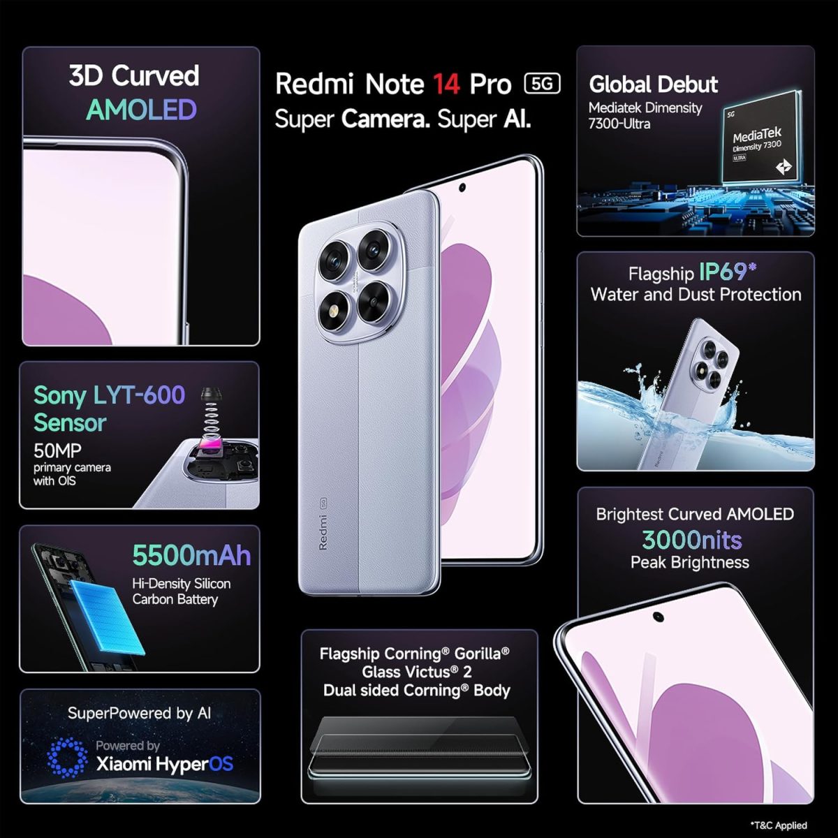 Redmi Note 14 Pro 5G Phantom Purple 8GB RAM 128GB Storage|50 MP Sony Camera Setup|Corning Gorilla Glass Victus 2 | 1.5K 3D Curved AMOLED | Mediatek Dimensity 7300- Ultra - Image 2