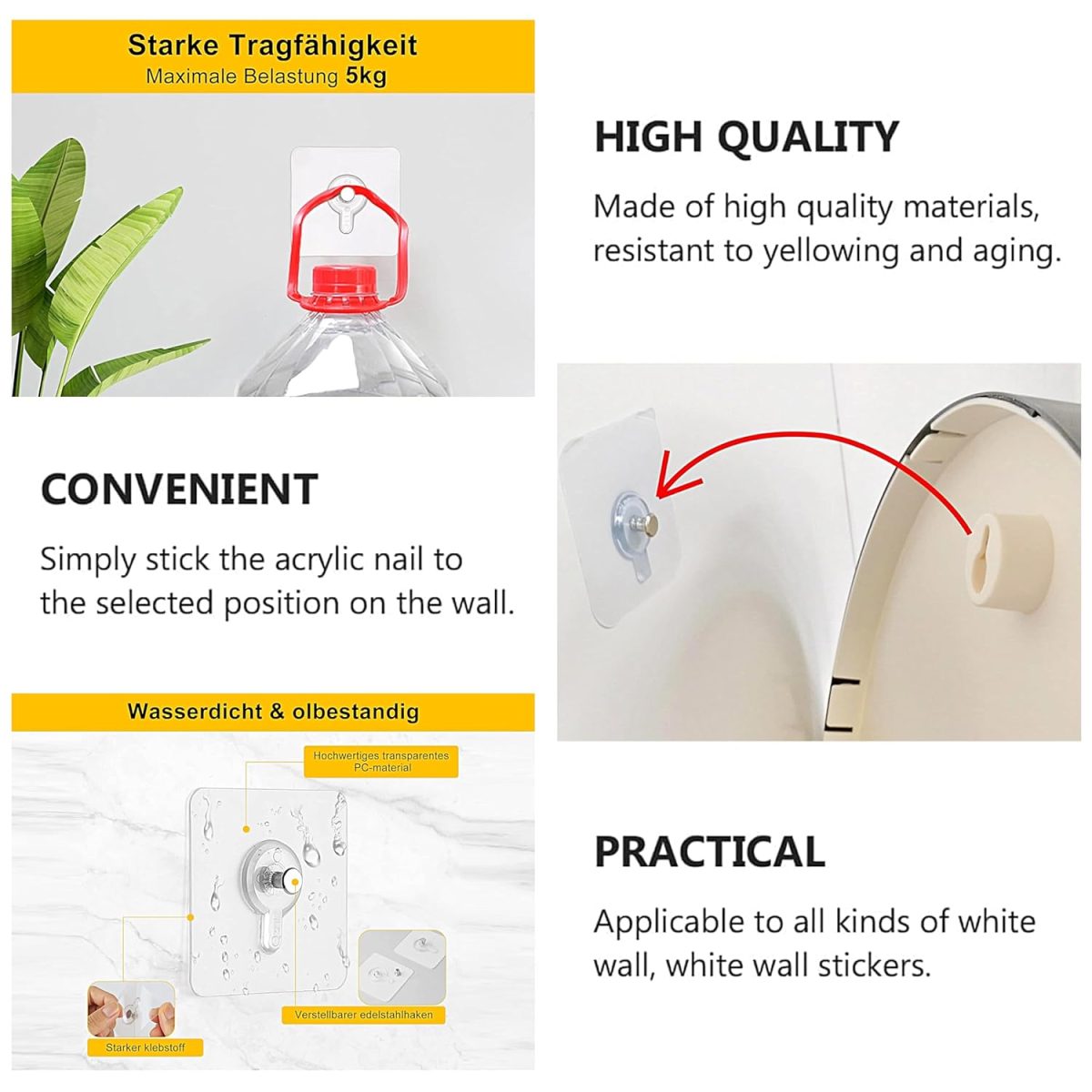 Misamo Enterprise Wall Hooks Without Drilling Waterproof Hooks for Bathroom Shower Kitchen Keys Door Outdoor Home Improvement Utility Hook (Pack of 10, Photo Frame Hook) Clear, Stainless Steel - Image 5