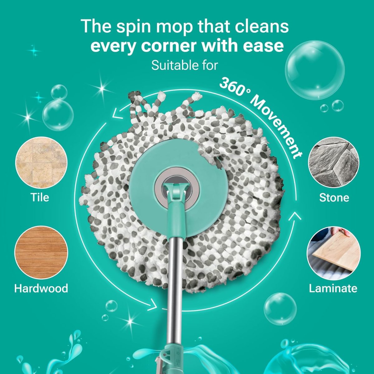 Spotzero by Milton Elite Spin Mop with Big Wheels, Puller Handle, Bucket Floor Cleaning and Mopping System 360° Flexible,2 Microfiber Refills, Big Size, Aqua Green - Image 4