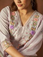 INDO ERA Women's Lavender Silk Blend Embroidered Straight Kurta And Pant With Dupatta Set - Image 4