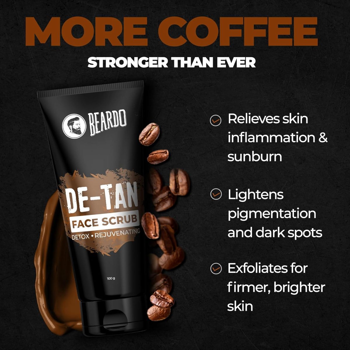 BEARDO De-Tan Face scrub for Men, 100g | Blackhead & Tan Removal | Dual Bead Exfoliation | Coffee Detox | Oil Control - Image 6