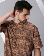 Veirdo® Pure Cotton Oversized Loose Baggy Fit Drop Shoulder Round Neck All Over Paisley Bandana Printed Half Sleeves T-Shirt for Men (Colors Available: White, Navy Blue & Beige) - Image 7