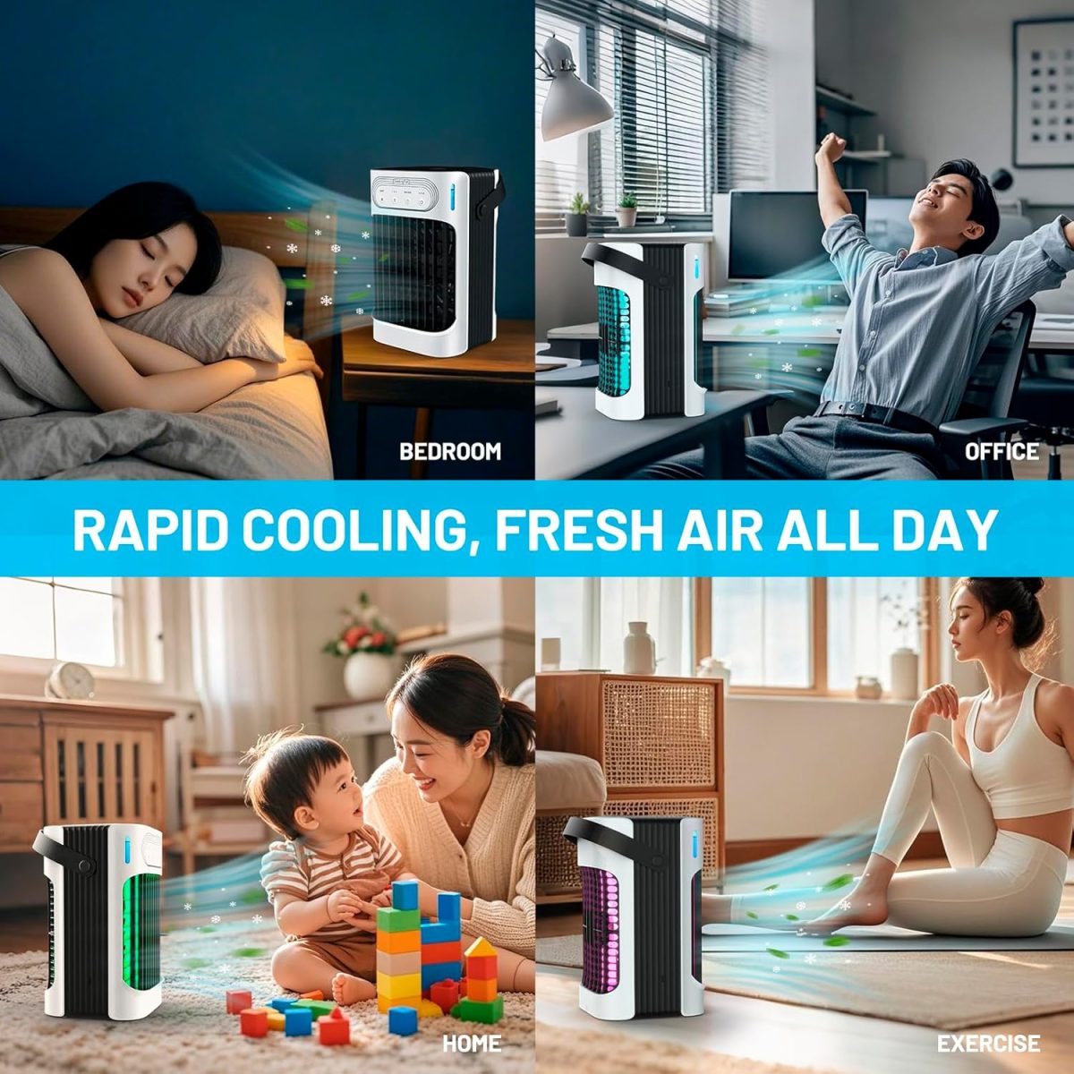 Portable Air Conditioners Cooling Fan, 3 in 1 Evaporative Air Cooler, Portable AC Unit with 3 Speeds, 3 Cool Mists, 4 Timers, 7 Color Lights, Personal Desktop Mini Cooling Fan for Room Camping Car - Image 8