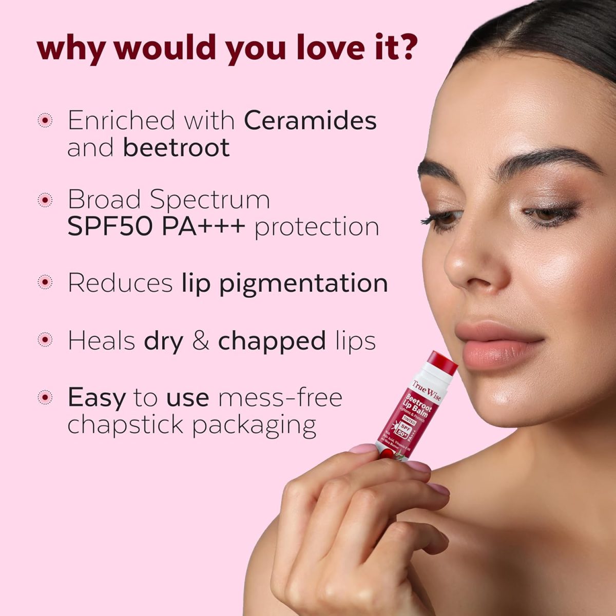 TrueWise® Tinted Lip Balm with SPF 50 PA+++ Brightening Beetroot Lip Balm For Dark Lips With Kojic Acid,Vitamin E, Soft, Glossy Lips- SPF lip balm for Women 5g - Image 4