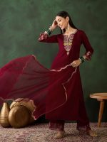 SheWill Women's Blue Embroidered V-Neck Cotton Blend Flared Hem Alia Cut Kurta with Trousers | Ethnic Festive & Occasion Wear Diwali Kurta Set - Image 4