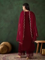 SheWill Women's Blue Embroidered V-Neck Cotton Blend Flared Hem Alia Cut Kurta with Trousers | Ethnic Festive & Occasion Wear Diwali Kurta Set - Image 6