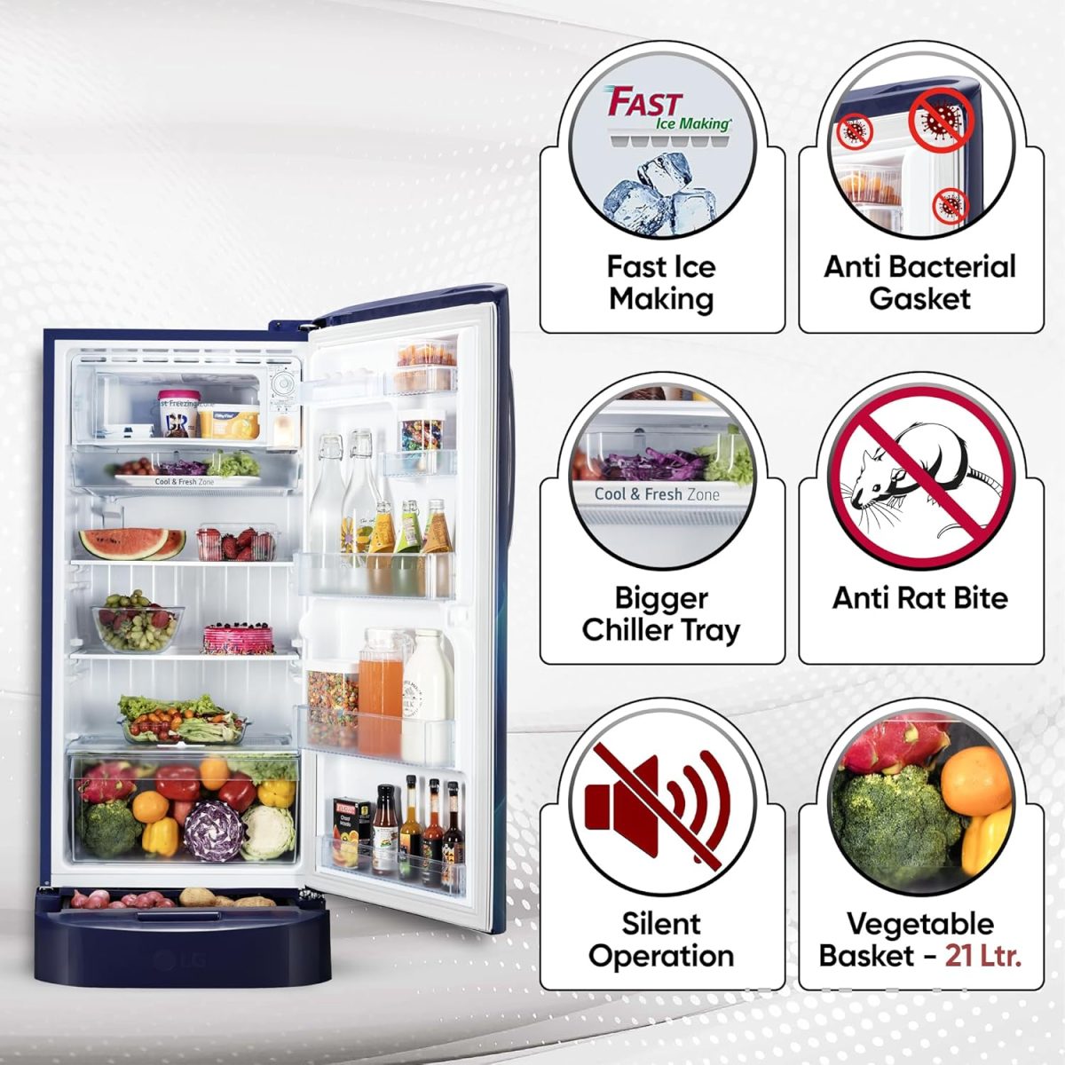 LG 210 L, 5 Star, Direct Cool, Smart Inverter Compressor, Single Door Refrigerator (2025 Model, GL-D231ABAU, Blue Aurora, Humidity Controller, Base stand with Drawer & Fast Ice Making) - Image 5