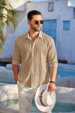 DEELMO Men's Casual Button Down Shirts Long Sleeve Linen Shirt Fashion Textured Beach Summer Shirt - Image 3