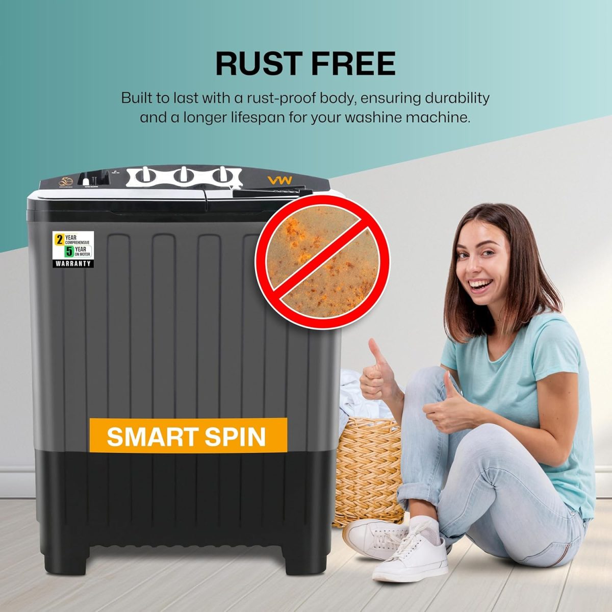 VW 7.5 kg 5 Star Aqua Spin Semi Automatic Top Load Washing Machine AquaSpin0075P (Black) - Image 6