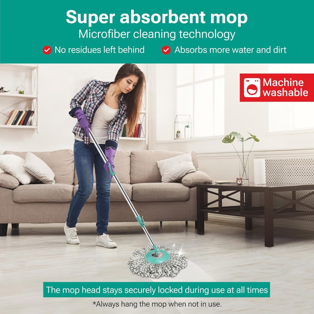 Spotzero by Milton Elite Spin Mop with Big Wheels, Puller Handle, Bucket Floor Cleaning and Mopping System 360° Flexible,2 Microfiber Refills, Big Size, Aqua Green - Image 3