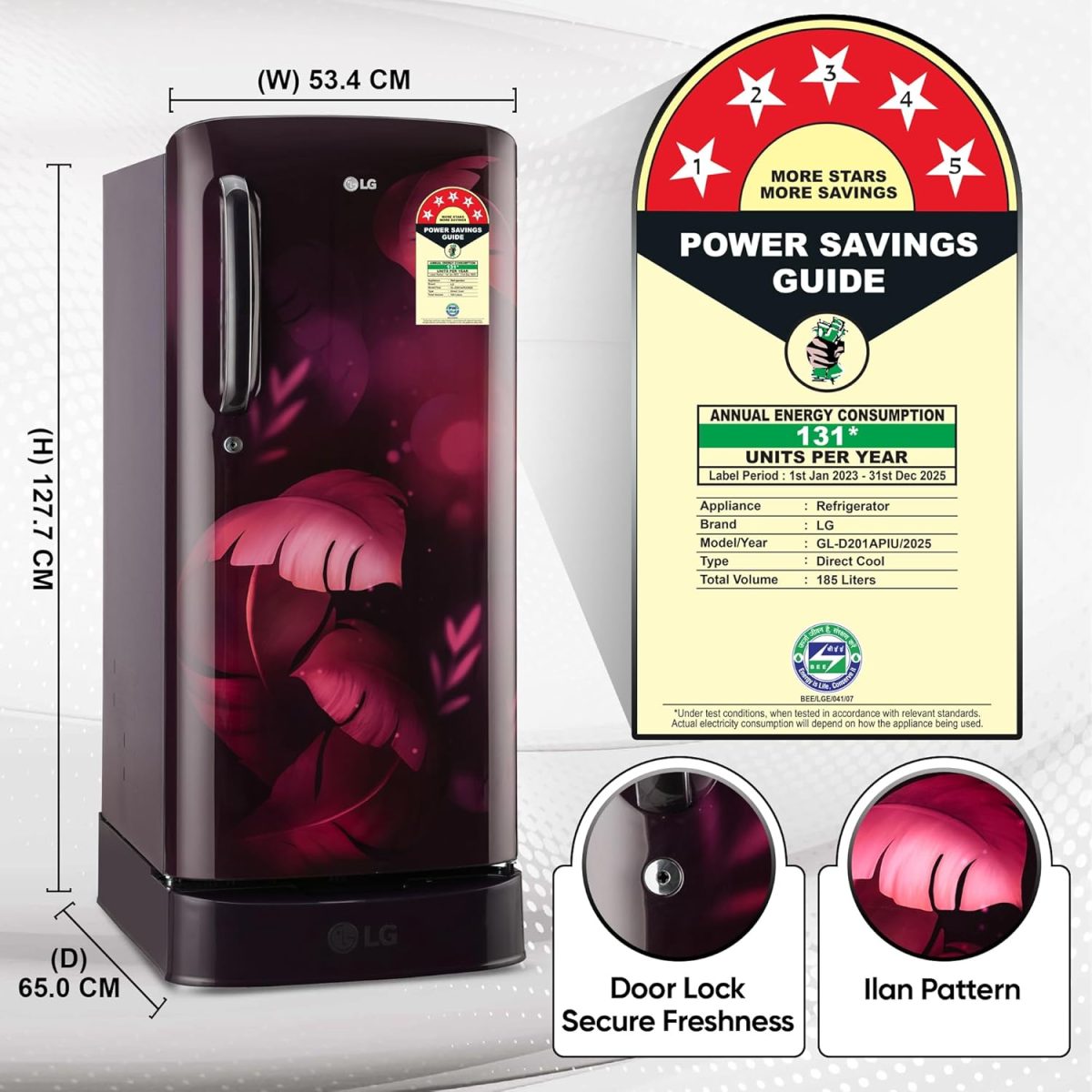 LG 185 L, 5 Star, Smart Inverter, Direct Cool Single Door Refrigerator (GL-D201APIU, Purple ILAN, Moist N Fresh, Auto Smart Connect & Base Stand Drawer) - Image 5