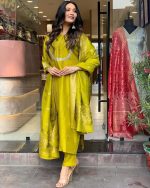 Yashika Women's Silk Blend Jacquard Kurta and Pant with Dupatta Set and Khatali Work Suitable For Every Indian Occasion - Image 4